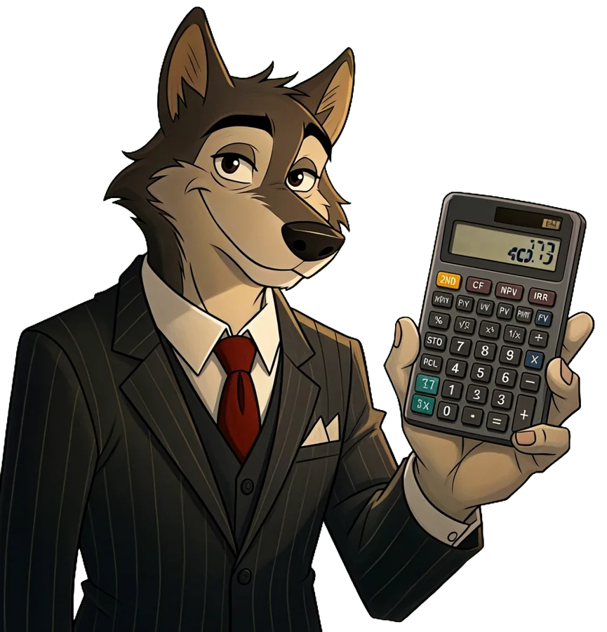 Wolfyn, a wolf in a pinstripe suit, holding a financial calculator